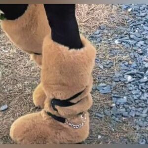 Women's Tan Fur Boots with Chain Detail
